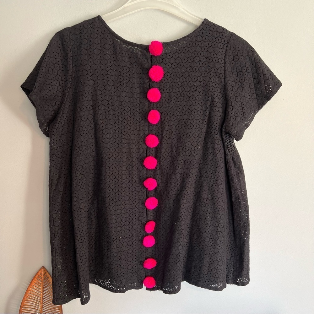 SUNDRESS Black Pink Pom Pom Crewneck Shirt Top Tunic
